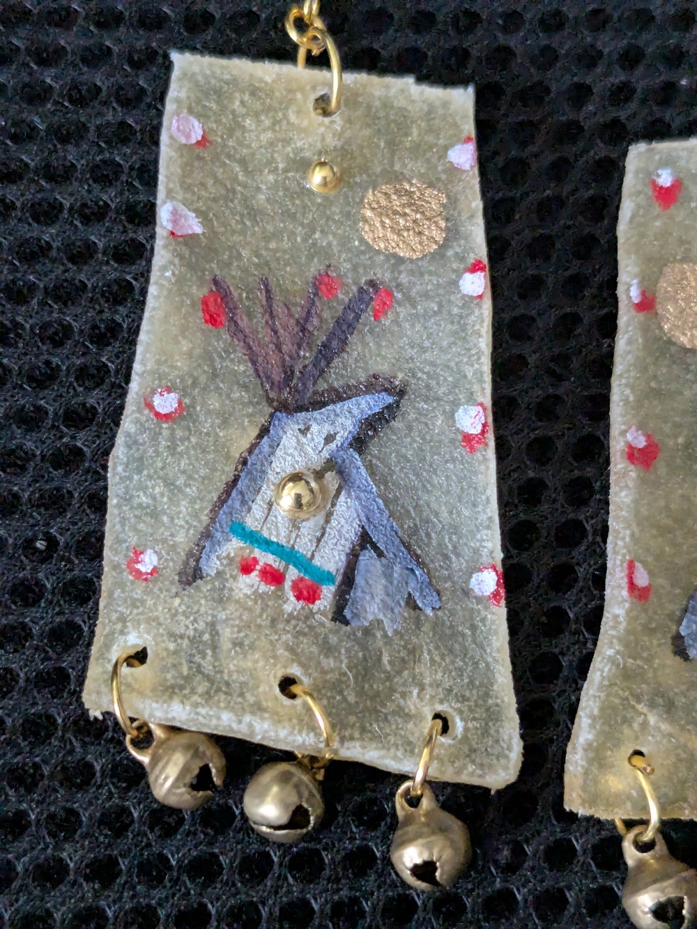 Indigenous Hand-Painted Teepee Rawhide Parfleche Dangle Earrings With Jingles - Picture 7 of 10
